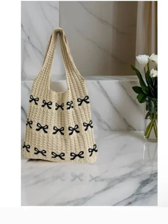 Zenana Coquette Bow Knit Tote Bag Crochet Ribbon Shoulder Bag - Picture 4 of 4